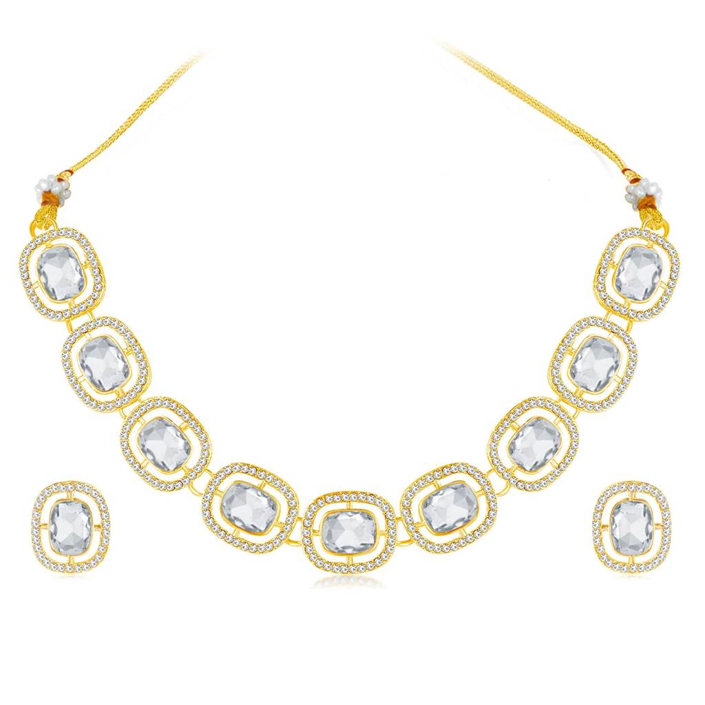 Gold Plated White Synthetic Stone Studded Fancy Choker Necklace & Stud Earrings Fashion Jewellery Set Gift For Wom : PF09N387W