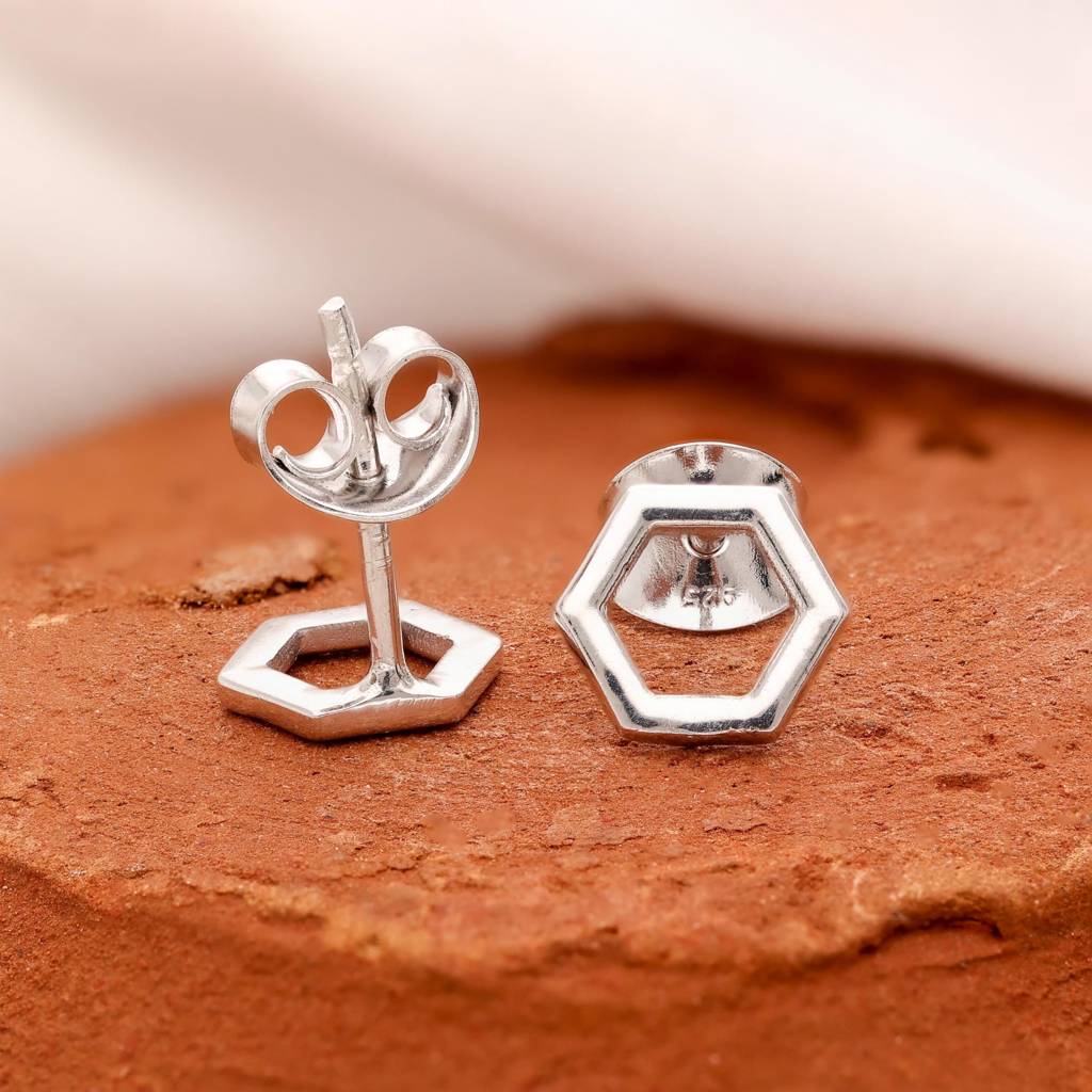 925 Silver Hexagon Open Shape Stud Earrings Â Modern Geometric Unisex Jewelry : SE_000638