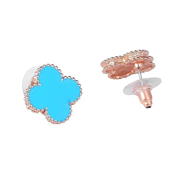 Estele Rosegold Plated Four Leaf Clover Designer Stud Earrings With Blue Enamel For Women And Girls : 10202-RGBL-ERER