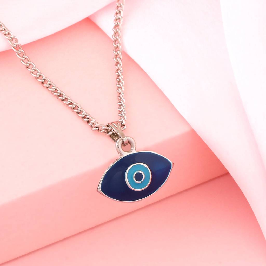 Estele Rhodium Plated Auspicious Evil Eye Charm Pendant With Navy Blue & Turquoise Blue Enamel For Women : 1012-IR-NBTQPENDANT