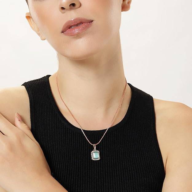 Chic Rosegold Finish Pendant Necklace | Square Green Cz Crystal Jewelry : G-AD008-RGMGPENDANT