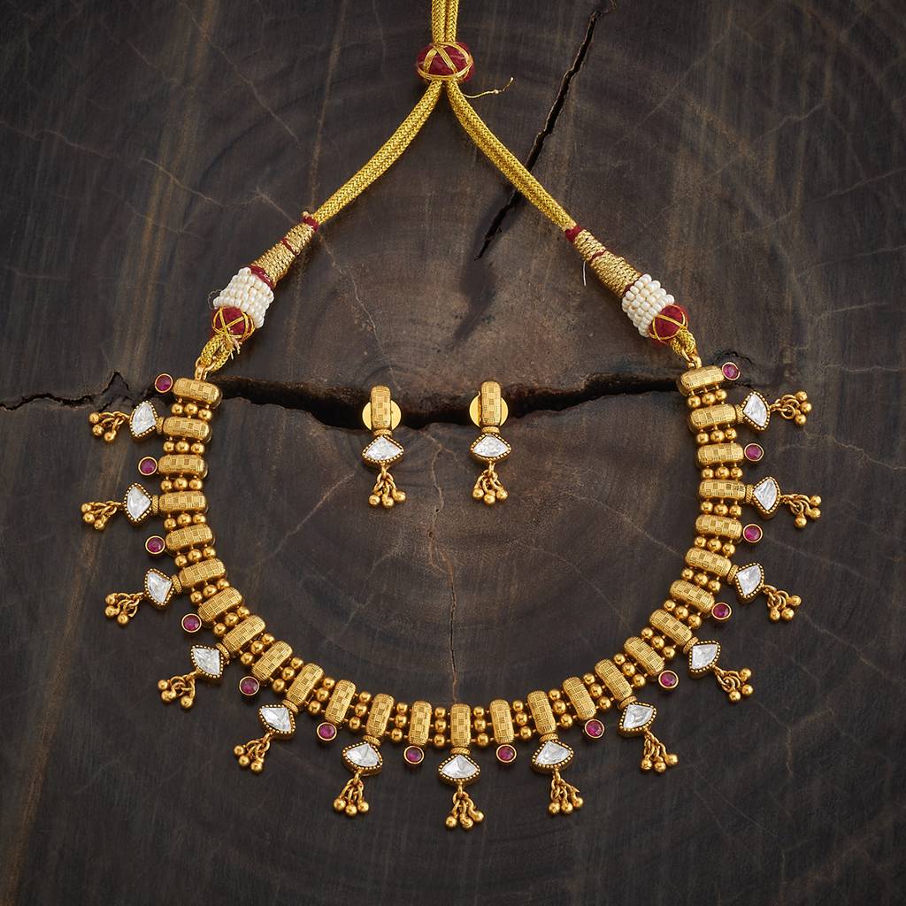 Kushal'S Fashion Jewellery Gold-Plated Ruby Stone Studded Antique Jewellery Set : 426204