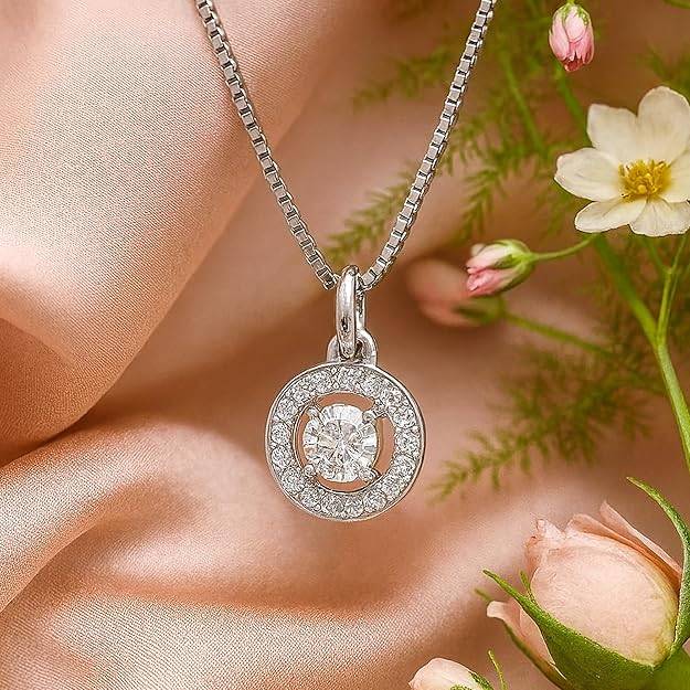 Silver-Tone Halo Pendant Necklace With Round Crystal Charm For Women Daily Wear : OSAK051-IRWEPENDANT