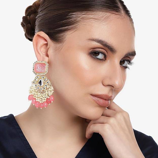 Estele Gold Plated Fashionable Gehena Drop Earrings With Mint Pink Beads For Women : PJ-013-IGMPER