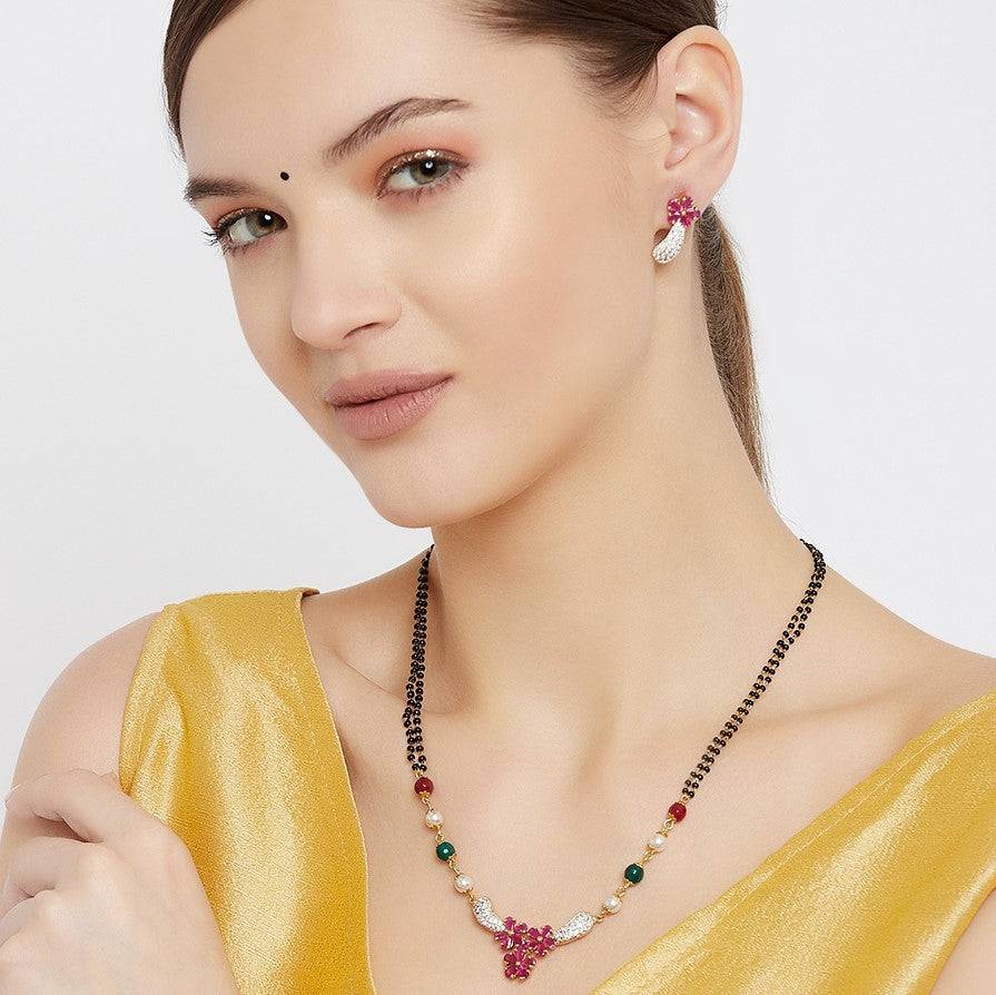 Estele Gold Plated Cz Classic Floret Designer Mangalsutra Necklace Set For Women : AD-MS-034NKER