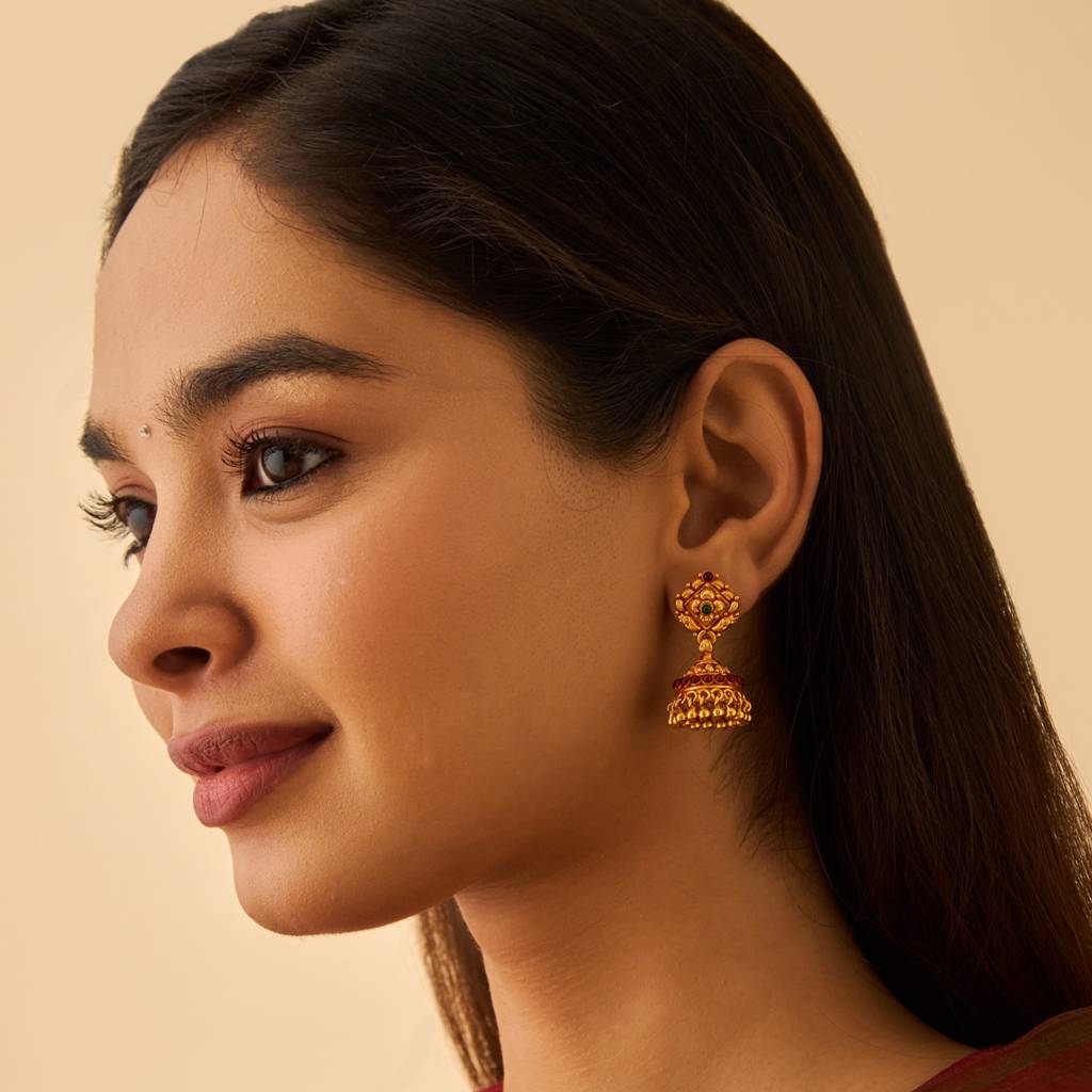 Kushal'S Fashion Jewellery Ruby-Green Gold-Plated Ethnic 92.5 Pure Silver Temple Jhumkas-174145 : 417974