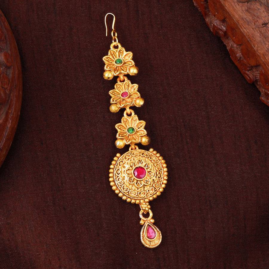 Estele Gold Plated Gorgeous Floral Matte Finish Maang Tikka With Multi-Color Crystals For Women. : 037-IGGNRBTIKAA