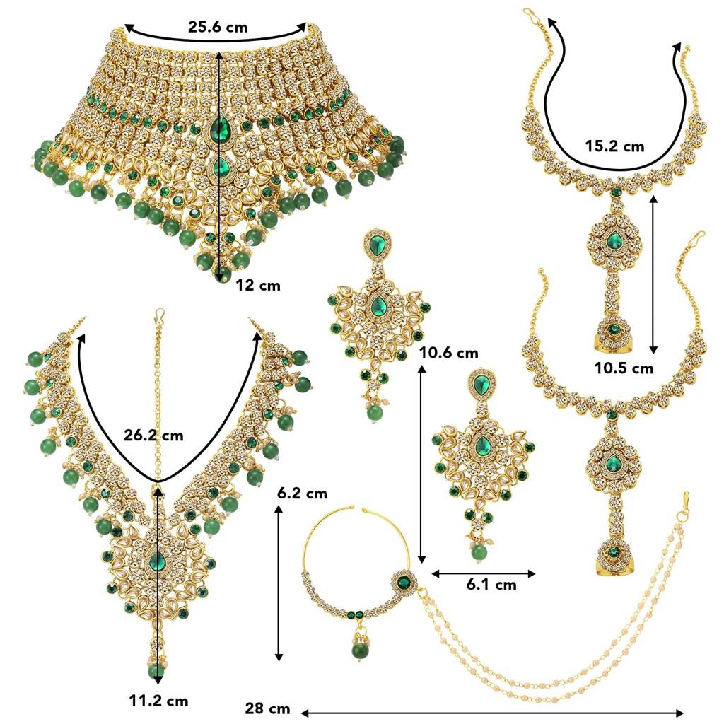Gold Plated American Diamond Jodha Akbar Bridal Choker Necklace Earrings Maangtikka Nathiya Haathpanja Trad : PF37BRBLP021LCTG