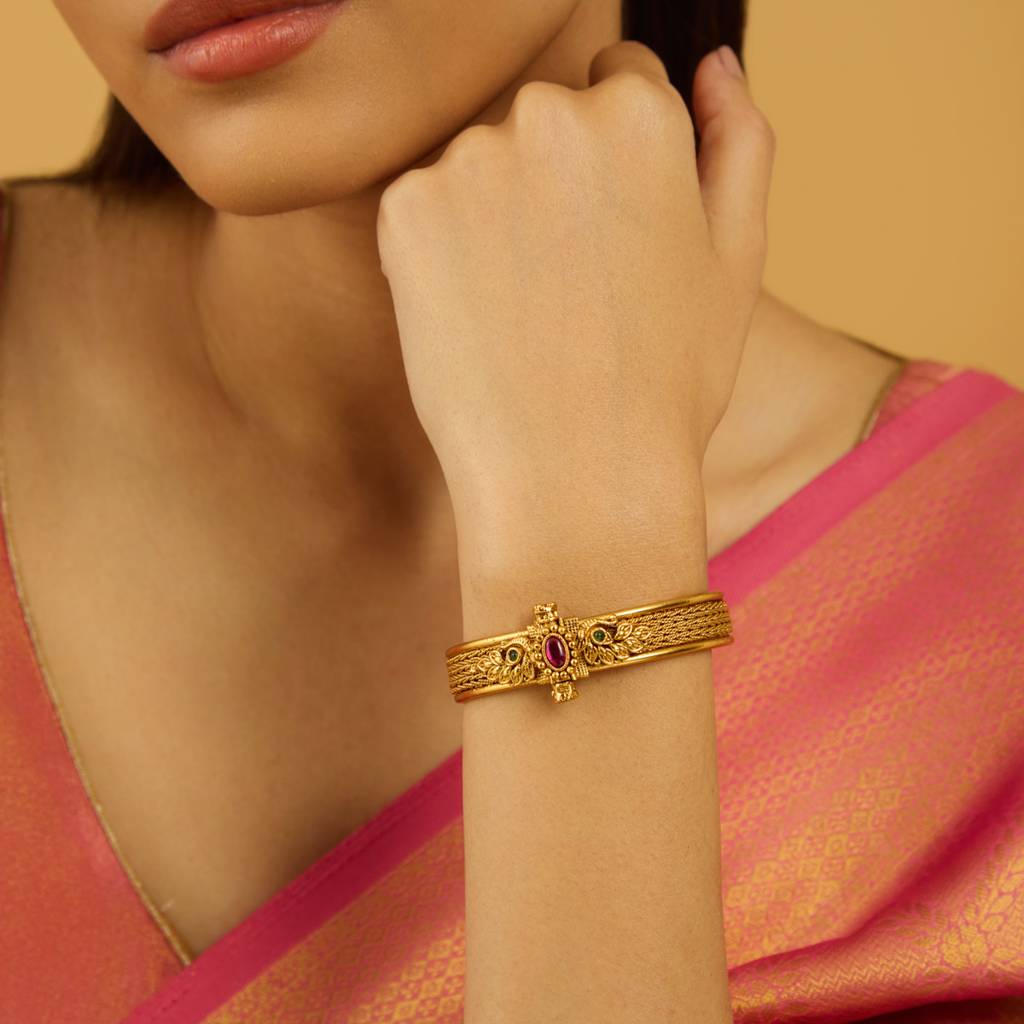 Kushal'S Fashion Jewellery Ruby-Green Gold-Plated Ethnic Antique Kada-177904 : 426263