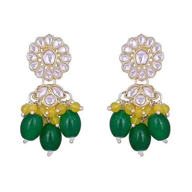 Estele Gold Plated Flower Designer Gehena Drop Earrings With Yellow & Green Bead For Women : PJ-003-IGYLGNER