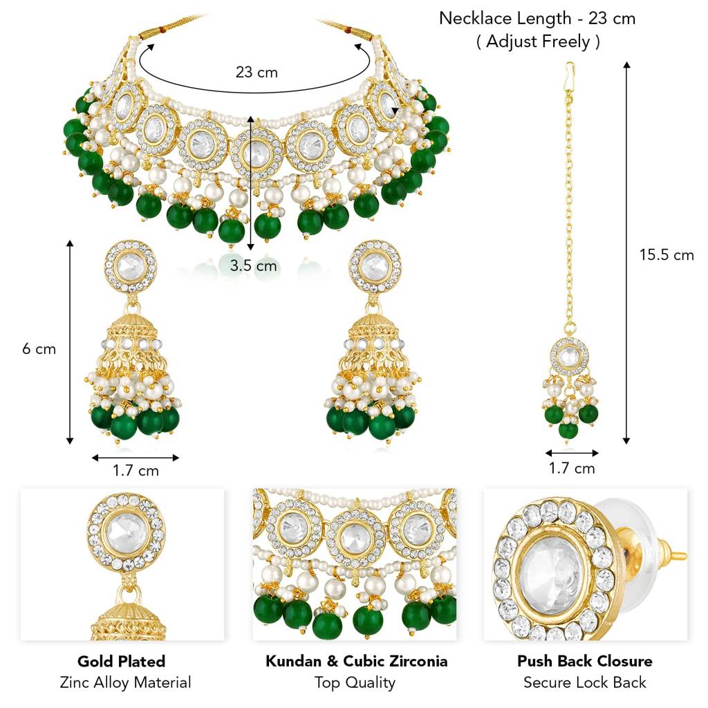 Gold Plated Green Kundan & Beads Studded Necklace Jhumki Earrings Maangtikka Set Ethnic Jewellery Gift For Women  : PF103N20WG