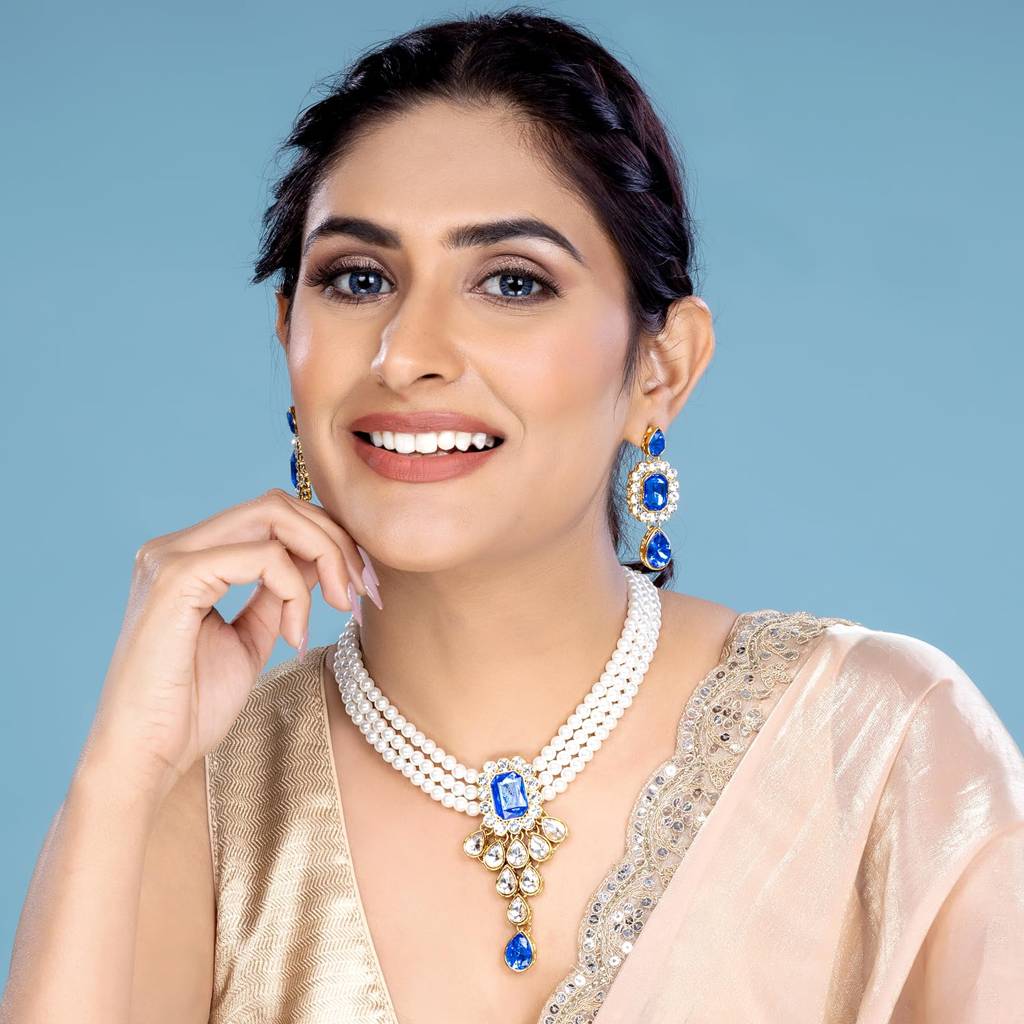 Blue Crystal Pearl Choker Necklace And Drop Earring Traditional Jewellery Set For Women & Girls : PF24N01B