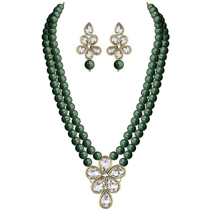 Crystal Faux Pearl Long Necklace With Drop Earrings Traditional Ethnic Jewellery Set For Women Girls-Pf24N184 : PF24N184G