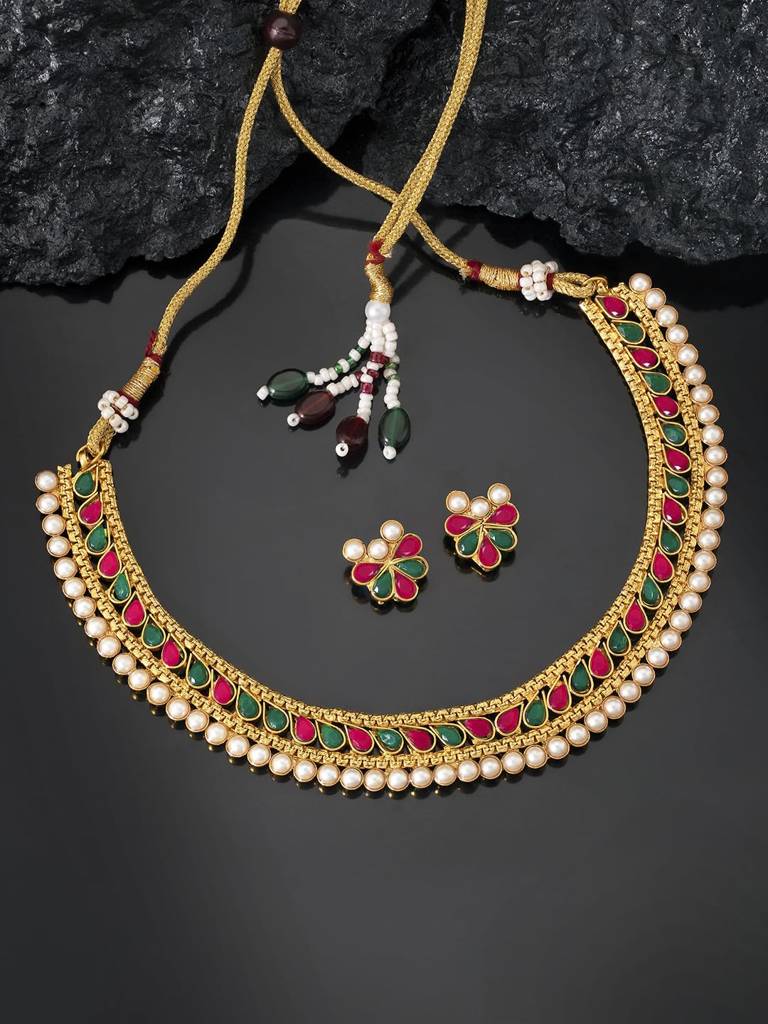 Traditional Gold Plated Studded Choker Necklace Jewellery Set For Women-Pf04N3390 : PF04N3390RG