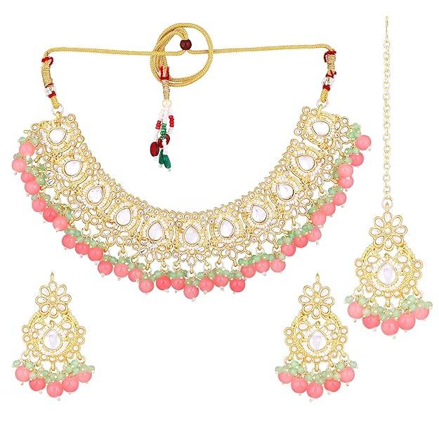 Estele Gold Plated Admirable Gehena Necklace Set & Maang Tikka With Mint Pink Beads For Women : PJ-039-IGMGMPNKERTK