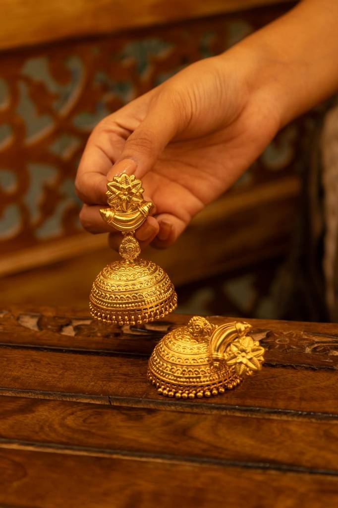 Dulari Intricate Flower Motif Gold Plated Grand Jhumka : SE2030-1-1-1