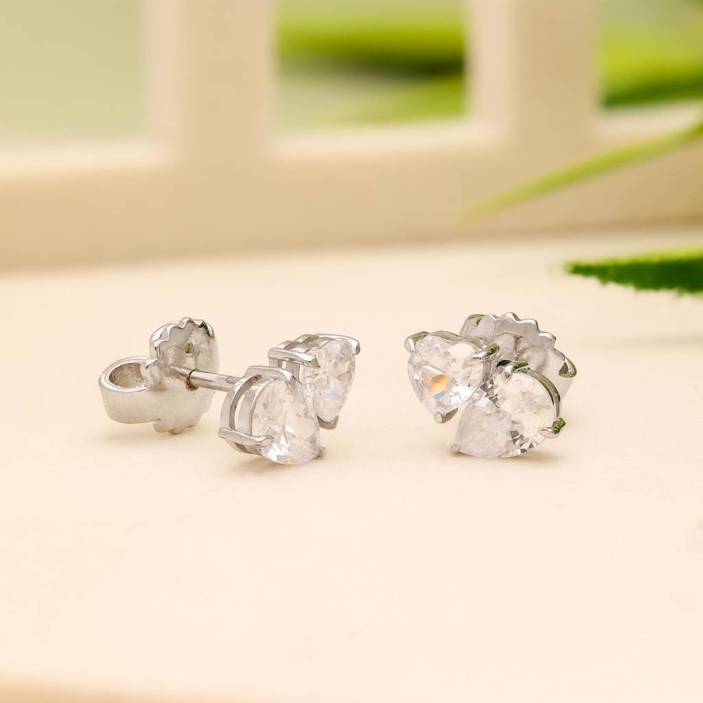 925 Silver Heart & Pear Cz Two Stone Stud Earrings : SE_000527