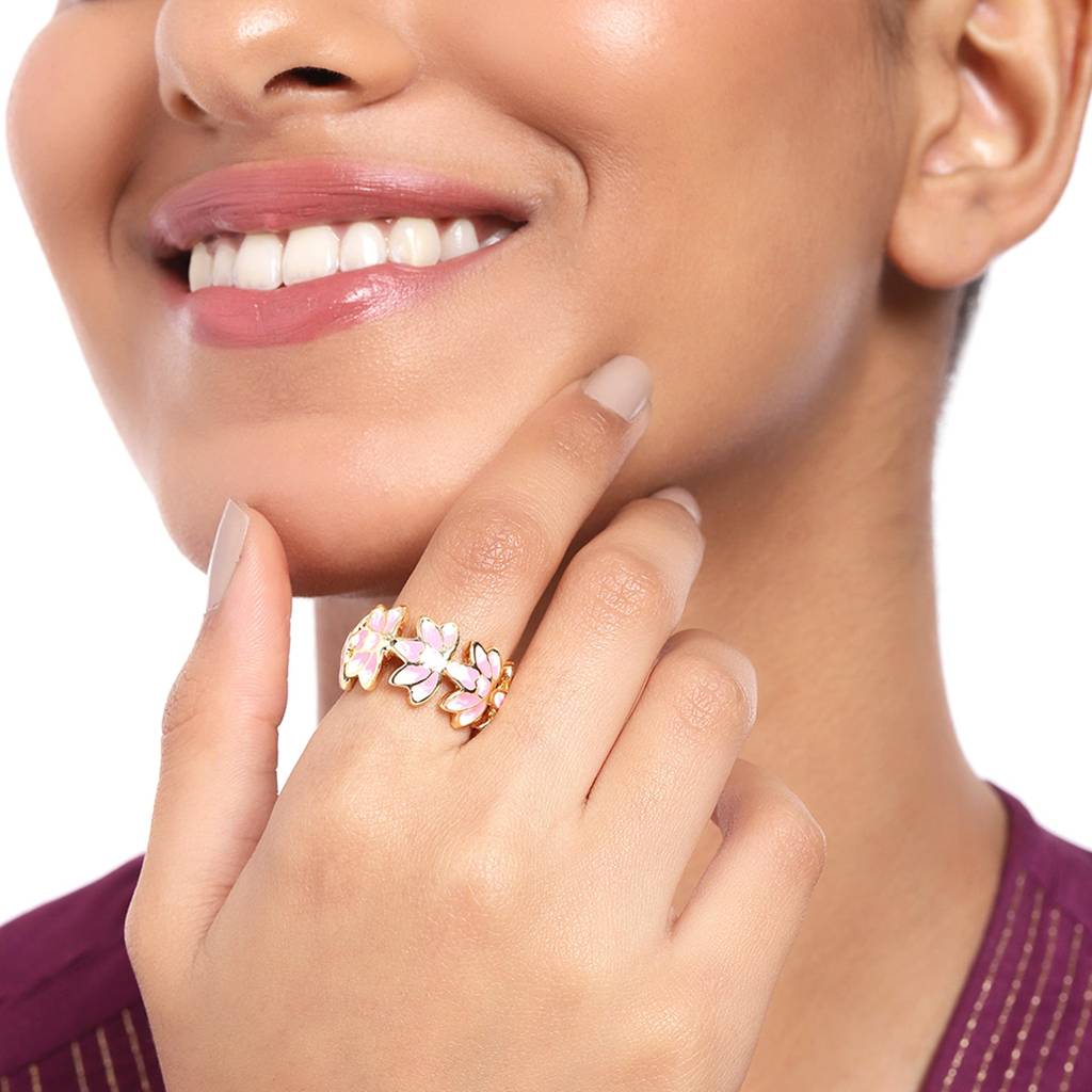 Estele Gold Plated Pink Enamel Lotus Designer Adjustable Finger Ring For Girl'S & Women. : AD-136-IGRING