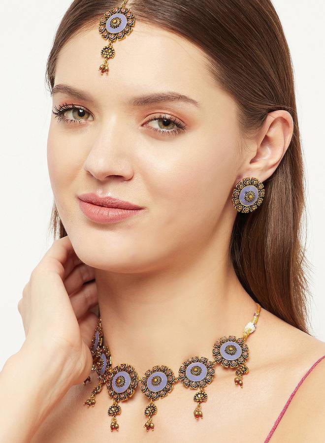 Arabian Nights Blue Enamel Faux Pearls Brass Antique Gold Plated Maang Tika Set : 8905124444544