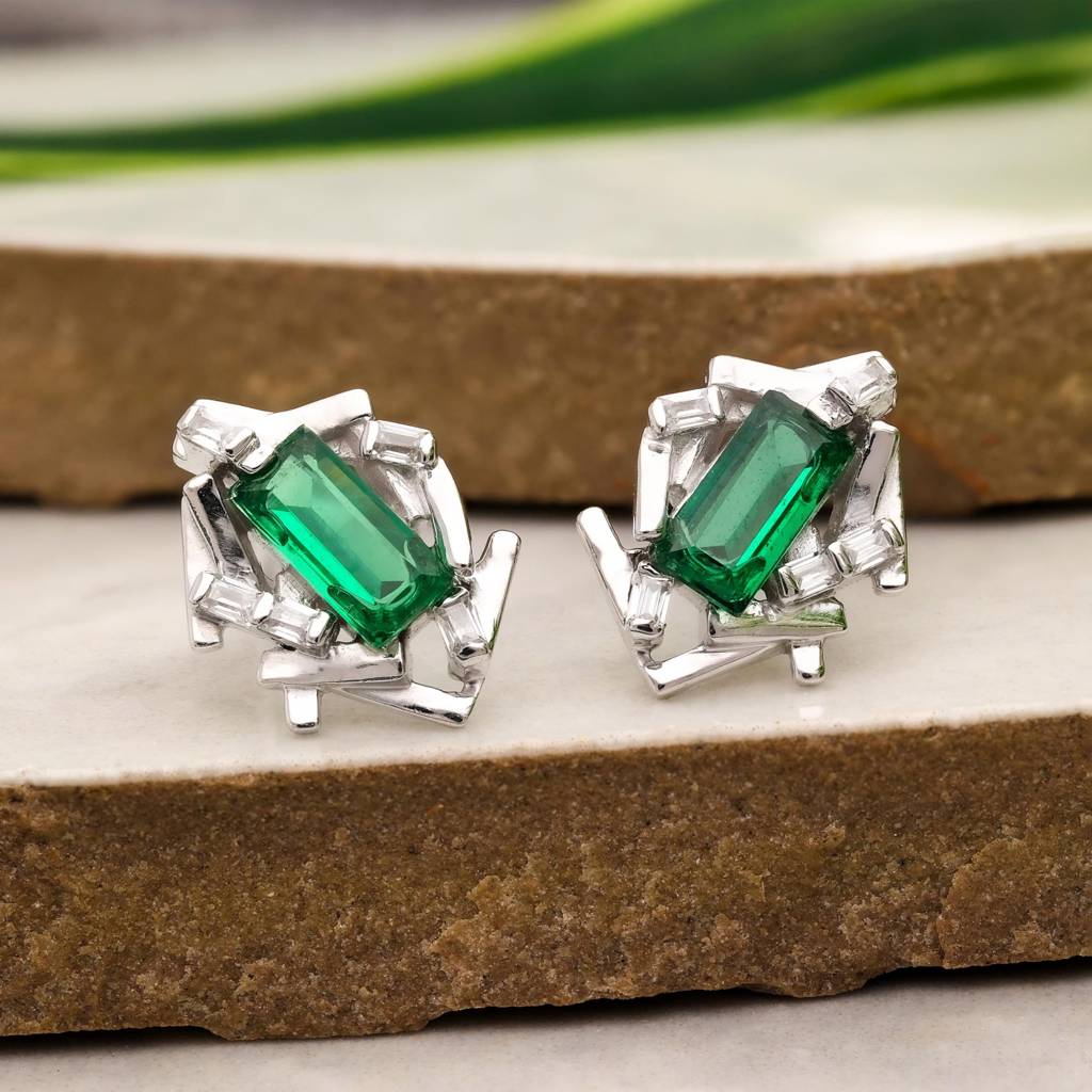 925 Silver Emerald Cut Green Studs | May Birthstone Gift : SE_000778