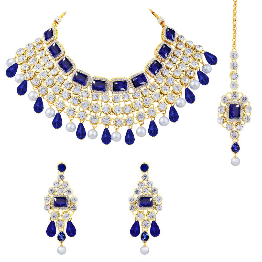 Crystal Choker Necklace With Maang Tikka Earrings Indian Traditional Bridal Wedding Jewellery Set For Women Girls- : PF25N708B