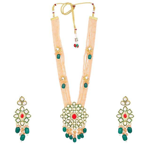 Estele Gold Plated Elegant Gehena Long Necklace Set With Peach & Green Beads For Women : PJ-029-IGPHGNNKER