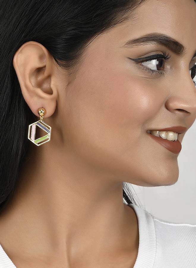 Benzene Enamelled Hexagon Drop Earrings : 8905124456622