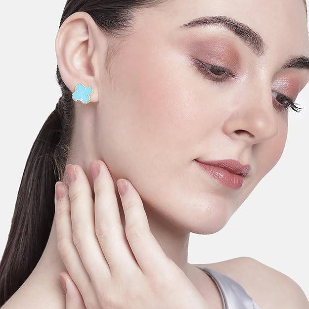 Estele Gold Plated Four Leaf Clover Designer Stud Earrings With Blue Enamel For Women And Girls : 10202-IGBL-ERER