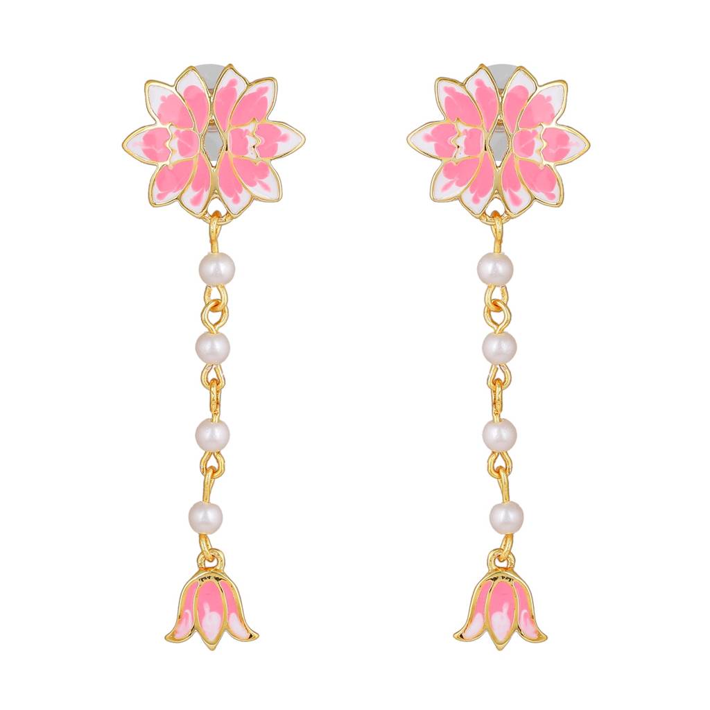 Estele Gold Plated Enchanting Lotus Designer Pearl Necklace Set With Pink Enamel For Girl'S & Women : 10193-IGNKER