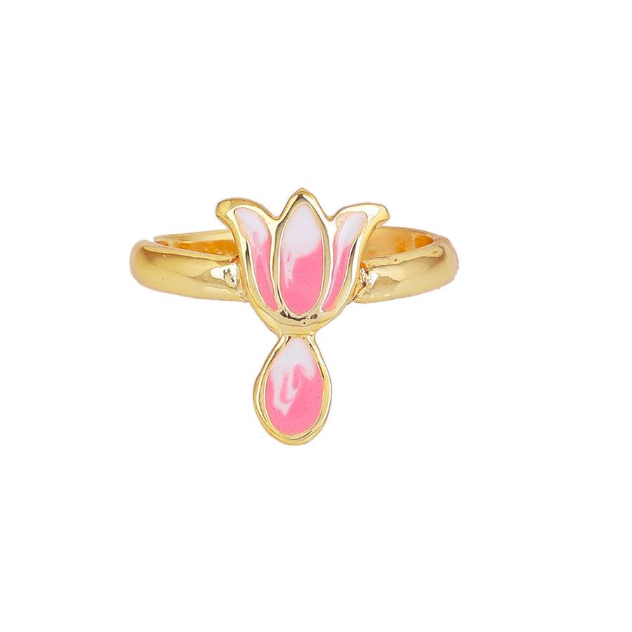 Estele Gold Plated Pink Enamel Lotus Designer Adjustable Finger Ring For Girl'S & Women : AD-145-IGRING