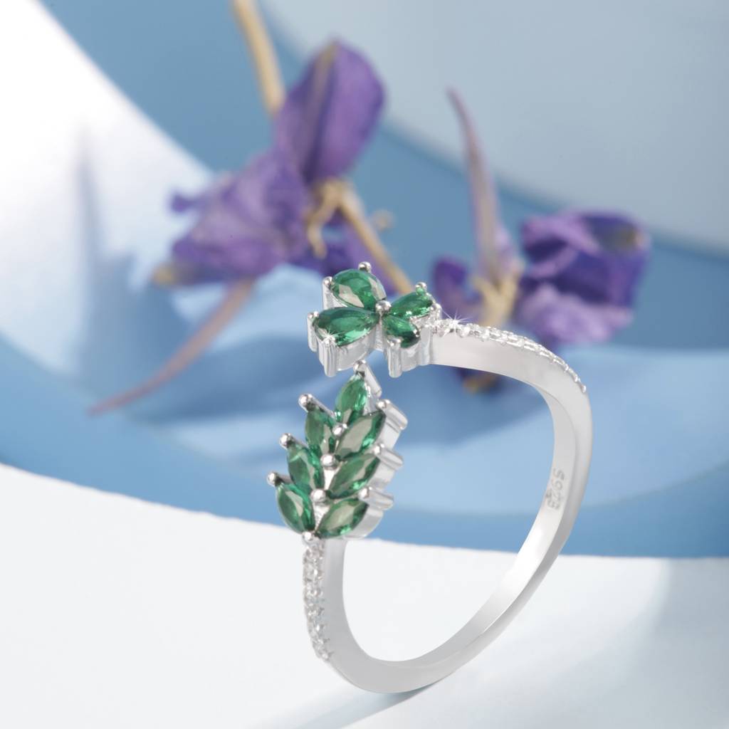 925 Silver Green Gemstone Leaf Ring | 925 Silver Nature-Inspired Adjustable Ring | Elegant Gift For Women : S-R-R-115