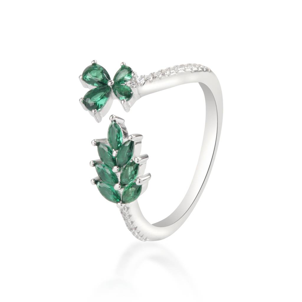 925 Silver Green Gemstone Leaf Ring | 925 Silver Nature-Inspired Adjustable Ring | Elegant Gift For Women : S-R-R-115