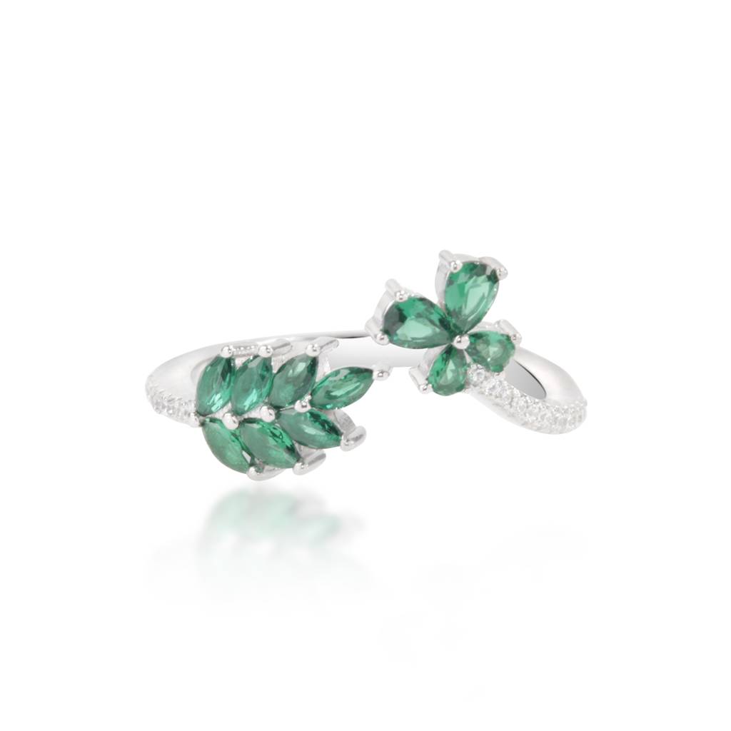 925 Silver Green Gemstone Leaf Ring | 925 Silver Nature-Inspired Adjustable Ring | Elegant Gift For Women : S-R-R-115