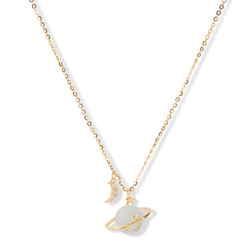 925 Silver Gold-Plated Stellar Saturn Moonstone Glow Pendant For Women : S-P-G-041