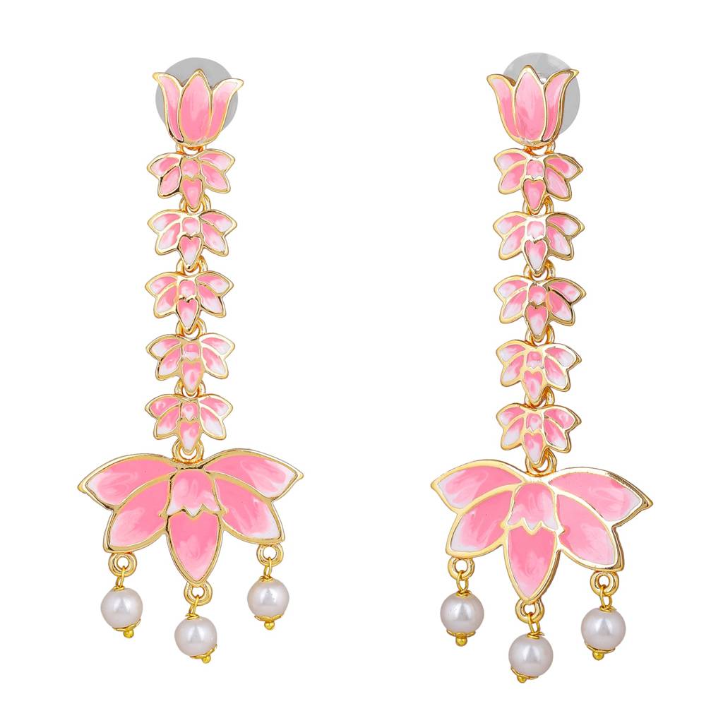 Estele Gold Plated Pink Enamel Lotus Designer Pearl Drop Dangler Earrings For Girl'S & Women : 799707-IGER