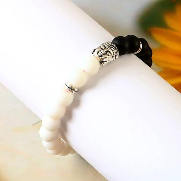 Gehena By Estele Elegant Dual-Tone Black & White Matte Beaded Bracelet: Stretchable Wristband With Silver B : OSAK012-IRWEBKBR