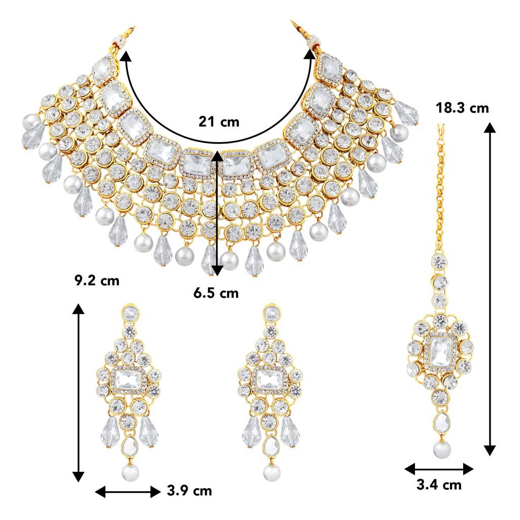 Crystal Choker Necklace With Maang Tikka Earrings Indian Traditional Bridal Wedding Jewellery Set For Women Girls- : PF25N708W