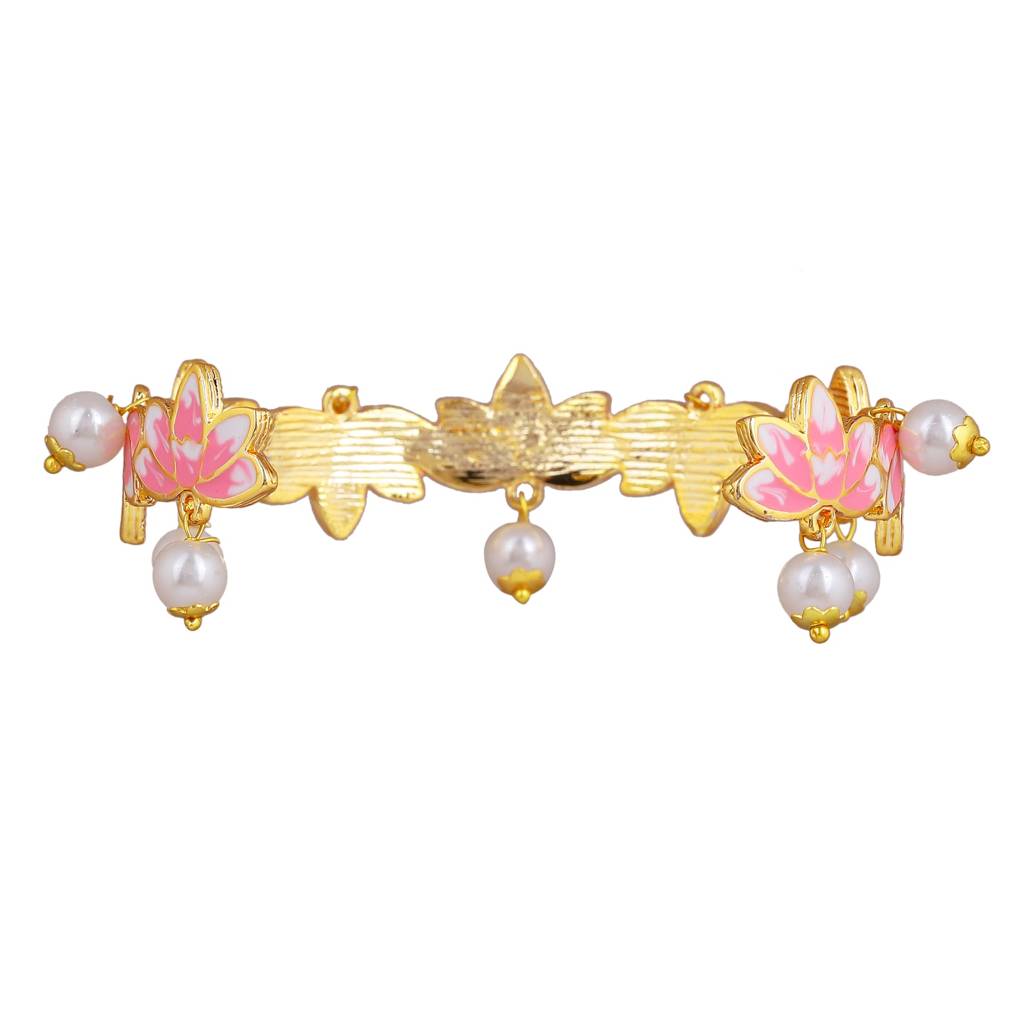 Estele Gold Plated Pink Enamel Lotus Designer Charismatic Pearl Drop Cuff Bracelet For Girl'S & Women : AD-060-IGBR