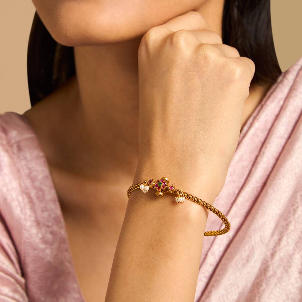 Kushal'S Fashion Jewellery Ruby-Green Gold-Plated Ethnic Antique Kada-173736 : 416916