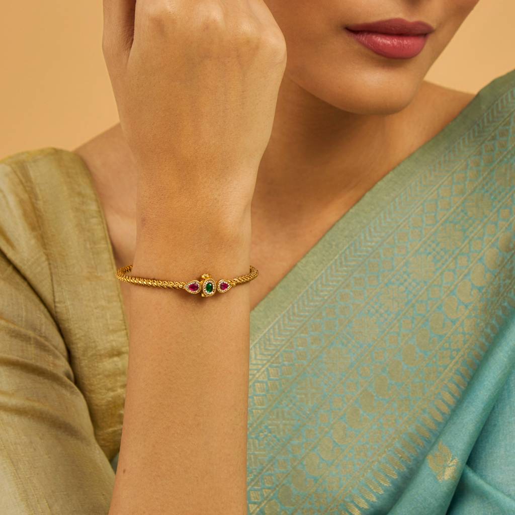 Kushal'S Fashion Jewellery Red & Green Stone-Studded Antique Gold-Plated Kada Bracelet : 433329