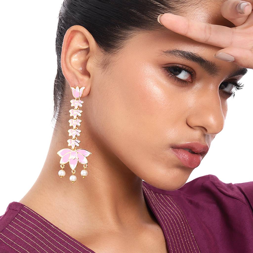 Estele Gold Plated Pink Enamel Lotus Designer Pearl Drop Dangler Earrings For Girl'S & Women : 799707-IGER