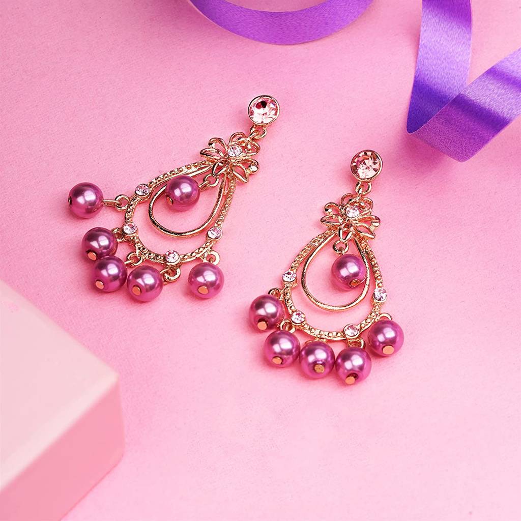 Estele Rosegold Plated Princess Earrings With Pink Pearl Drops For Women : 698705-IGER