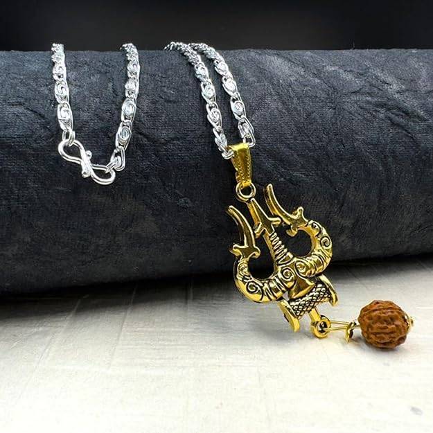 Jewelry Lord Shiva Trishul & Damru Pendant For Men'S: Gold & Rhodium Plated Sacred "Mahadev Bholenath Tri : OSAK003-2TNPENDANT