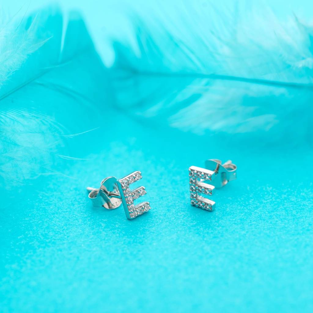 925 Silver E Initial Stud Earrings | Tiny Cz Alphabet Studs Personalized Gift For Her : SE_000710