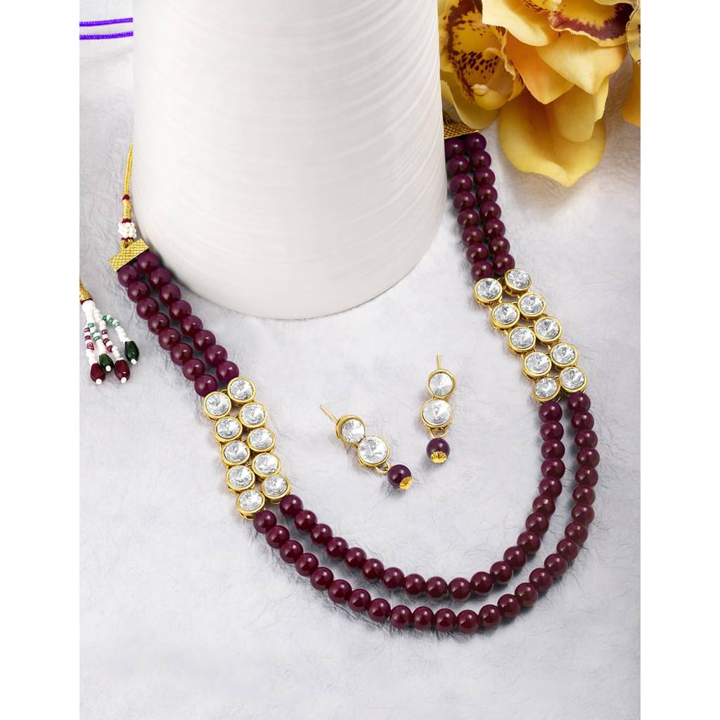 Gold Plated Crystal Pearl Long Necklace With Earring Traditional Jewellery Set For Women Girls : PF24N217M