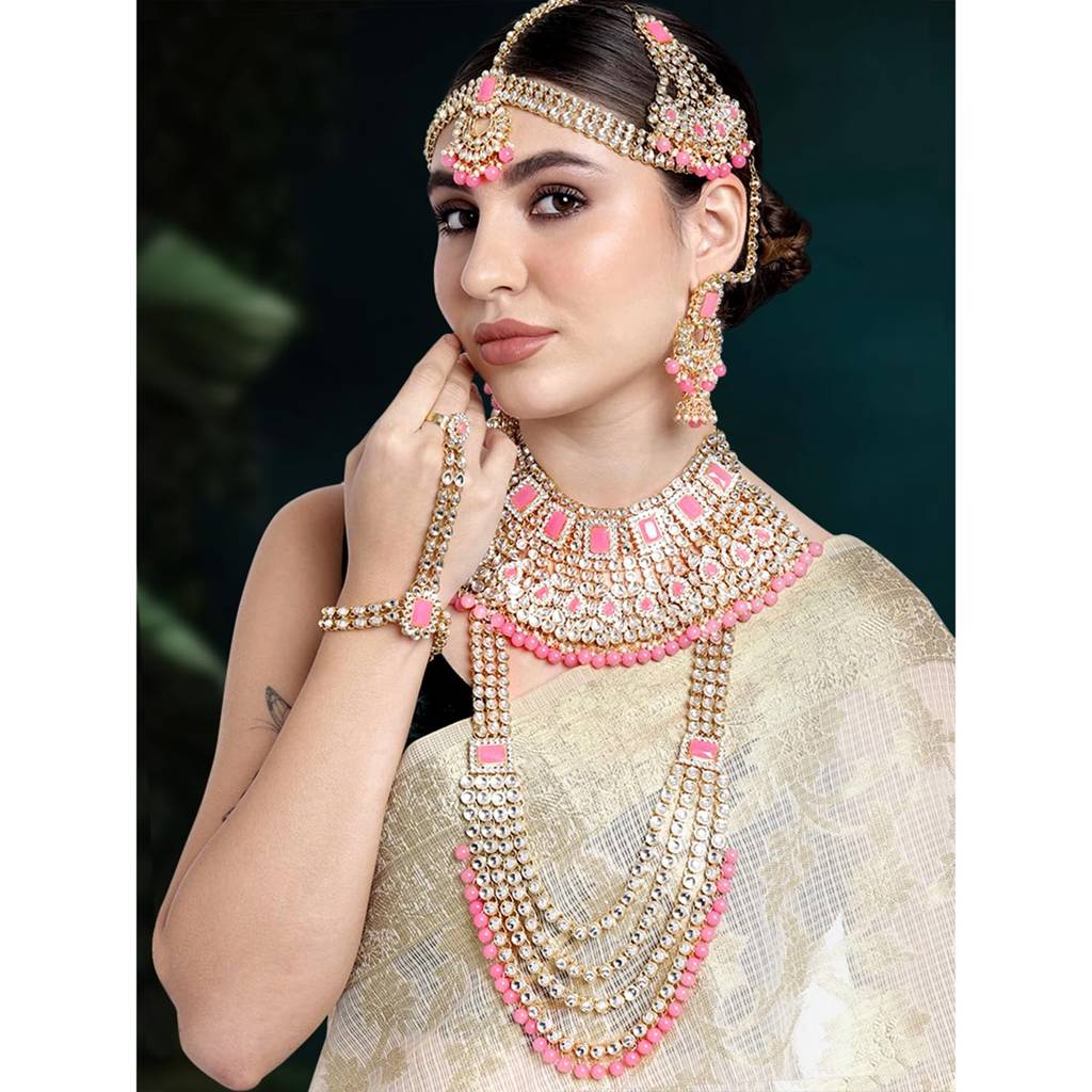 Ethnic Traditional Gold Plated Kundan Studded Dulhan Bridal Jewellery Set With Choker Earrings Maang Tikka Hathph : PF36BR02PK