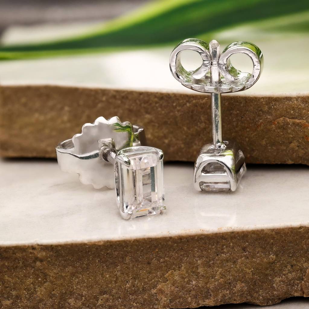 925 Silver Emerald Cut Cz Studs | Elegant Baguette Gift : SE_000793