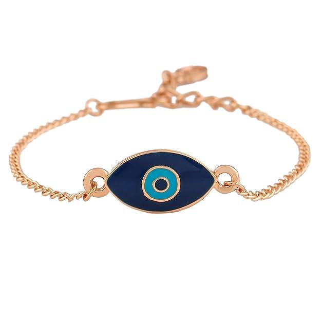 Estele Rosegold Plated Auspicious Navy Blue Enamel Evil Eye Charm Bracelet For Women : 102170-RGNBTQBR
