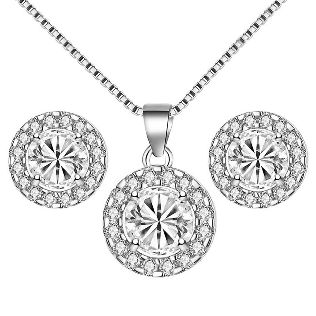 Silver Plated American Diamond Studded Brass Alloy Pendant Chain Necklace & Stud Earrings Set Fashion Stylish Jewell : PX8PS19
