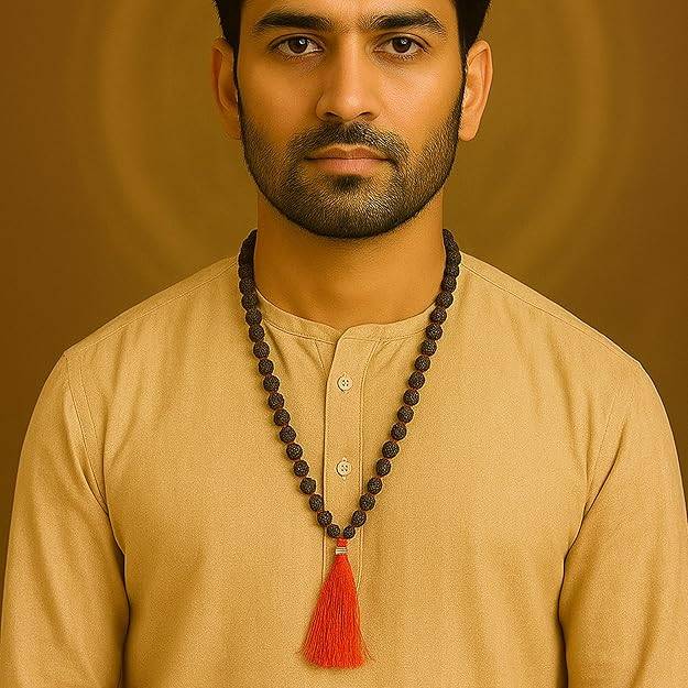 Traditional Rudraksha Mala With Red Tassel For Meditation, Puja & Spiritual Wear : OSAK016-BKCHAIN